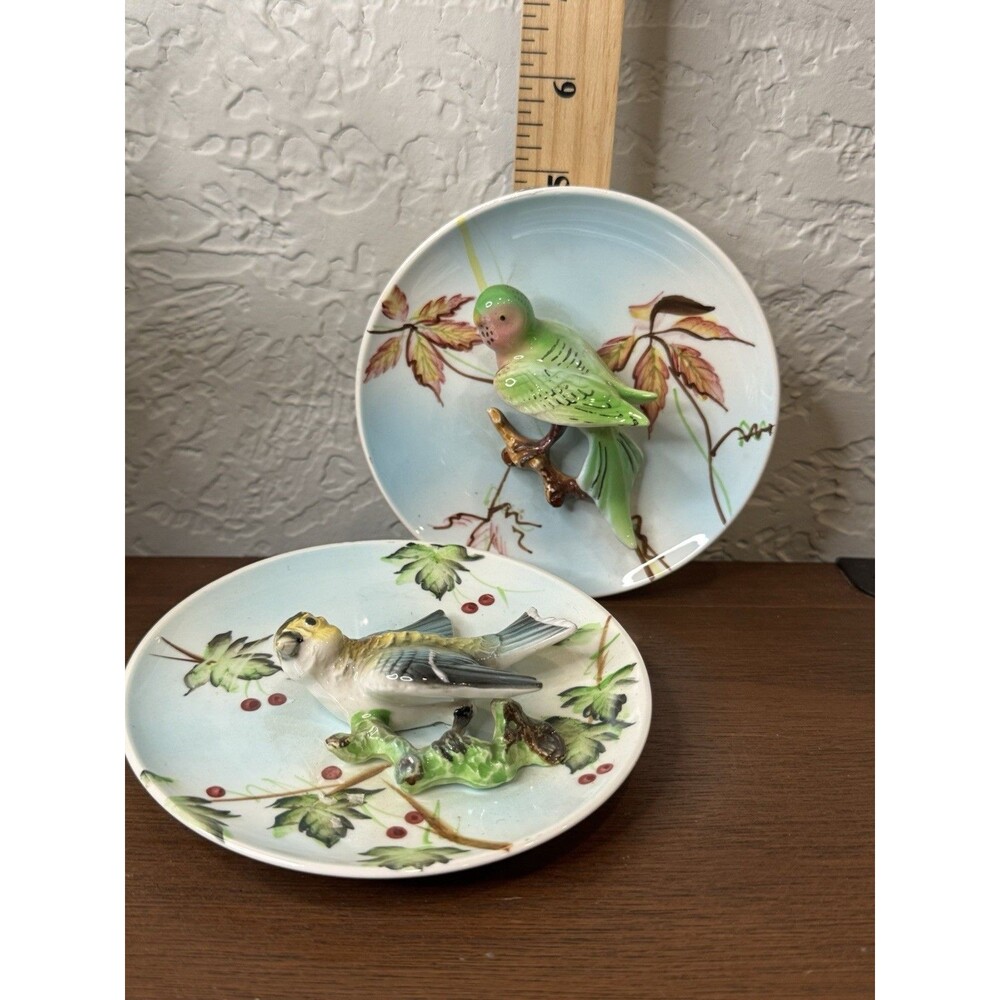 2 Lefton's Parakeet Bird 3D Plate Plaque Wall Art Japan 171 Tropical Vtg
